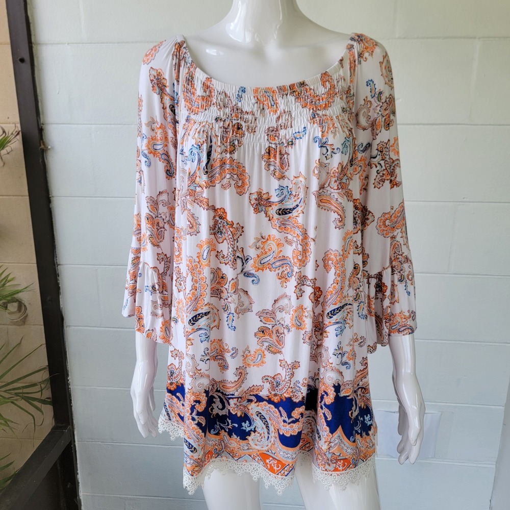 Est.‎ 1946 Paisley Tunic Top Blue Orange Women's 18/20W Boho Smocked Bell Sleeve